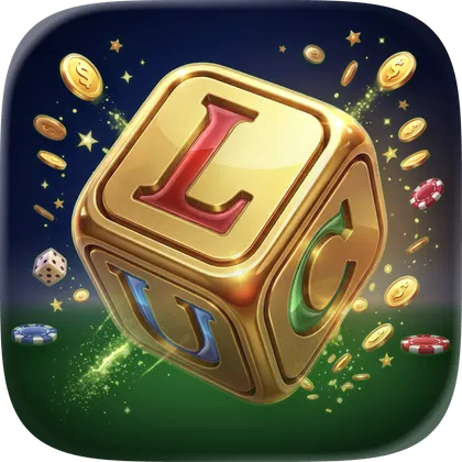 Lucky! app icon: a gold die with the letters L, U and C tumbling through coins and chips